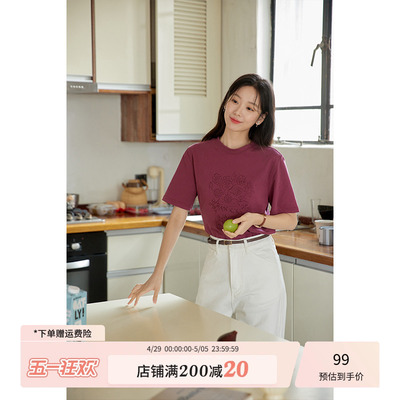 猫酱紫圆领短袖T恤女2024夏季新款复古百搭印花纯棉上衣时尚休闲