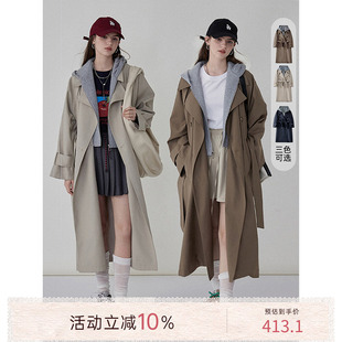 猫酱紫 可拆卸假两件风衣女韩系设计感连帽卫衣拼接中长款外套