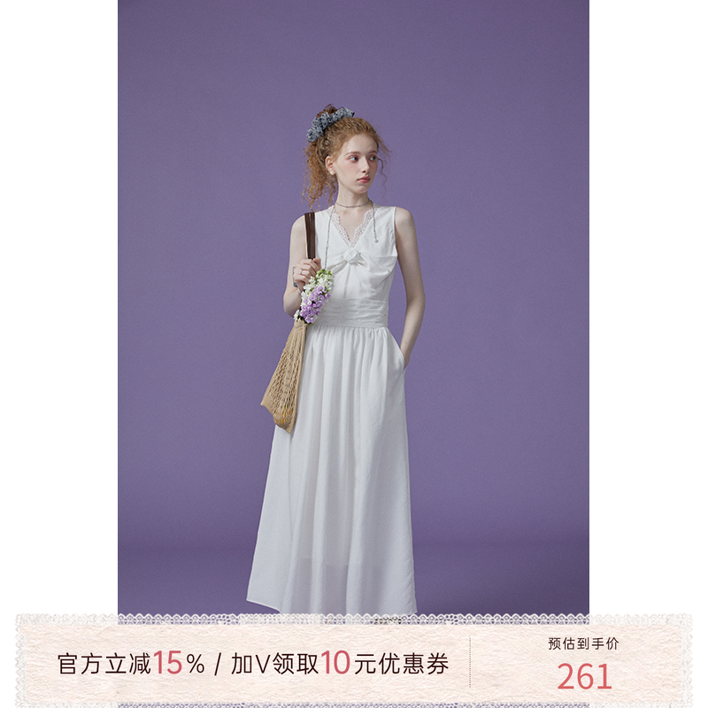 猫酱紫 莱赛尔亚麻玫瑰花连衣裙女蕾丝拼接V领无袖气质法式长裙