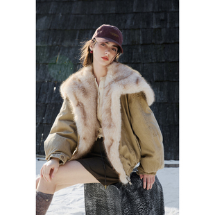 猫酱紫仿皮草派克服女秋冬气质高级感宽松大翻领毛毛羽绒服