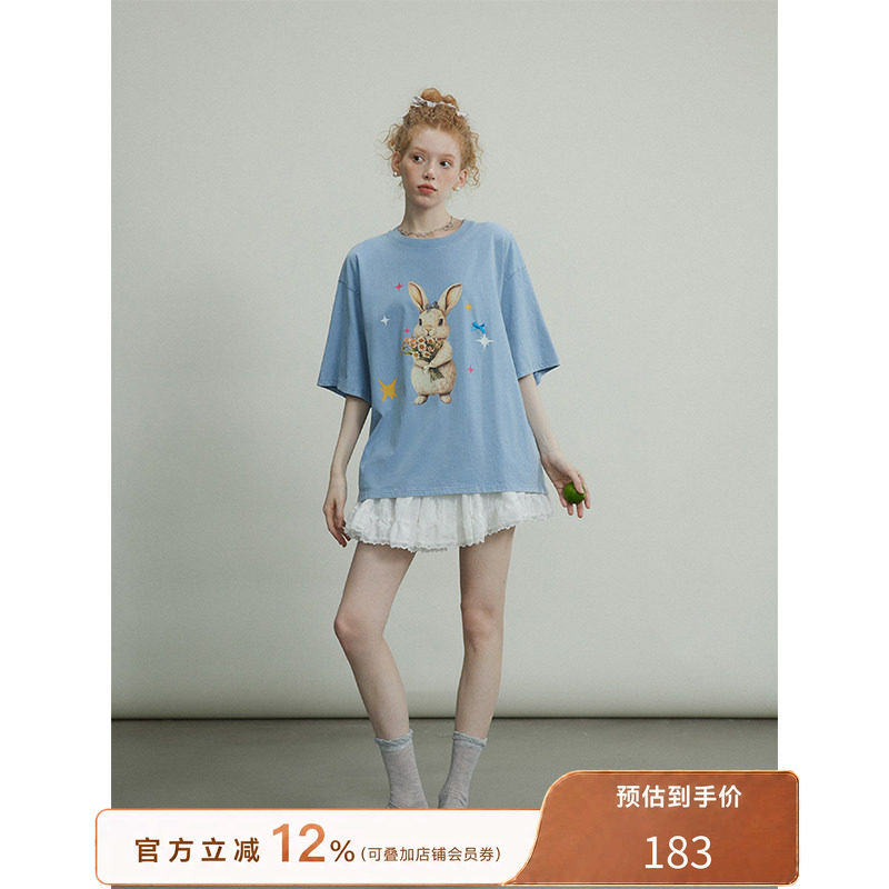 猫酱紫 猫咪兔子印花T恤女2026夏新款设计感宽松短袖流行时尚上衣图片