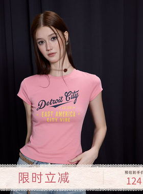 猫酱紫 美式复古辣妹彩色字母撞色印花修身短袖T恤/七分工装裤