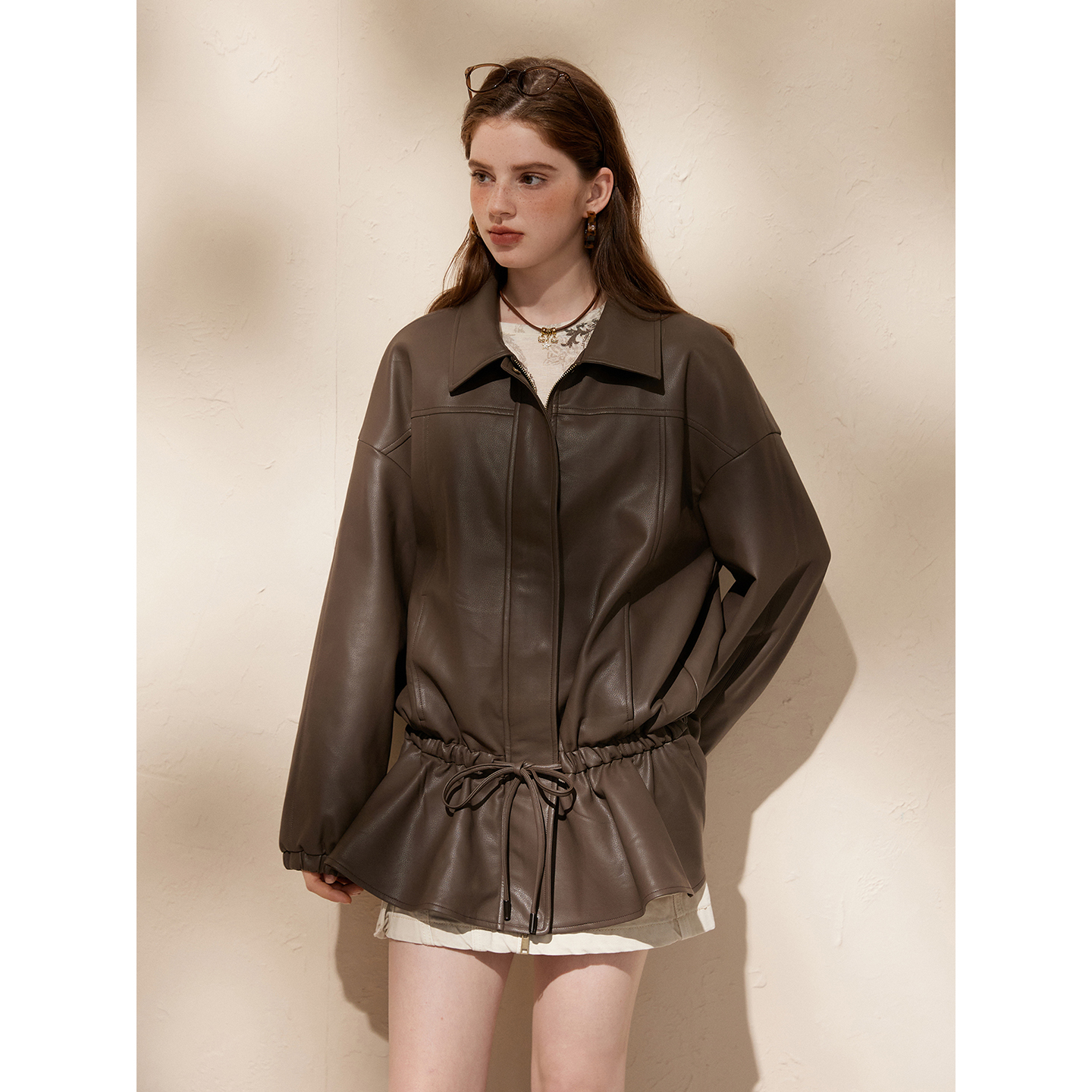 猫酱紫夹克外套/抽绳pu皮衣/亮闪风衣