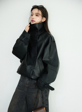 猫酱紫 大翻领pu夹克外套女休闲韩系廓形机车皮衣/花边系带衬衫