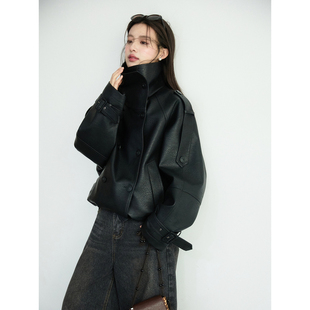 猫酱紫 大翻领pu夹克外套女休闲韩系廓形机车皮衣/花边系带衬衫