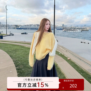 猫酱紫 绵羊毛桑蚕丝山羊绒混纺拉毛毛衣女圆领V领质感针织上衣
