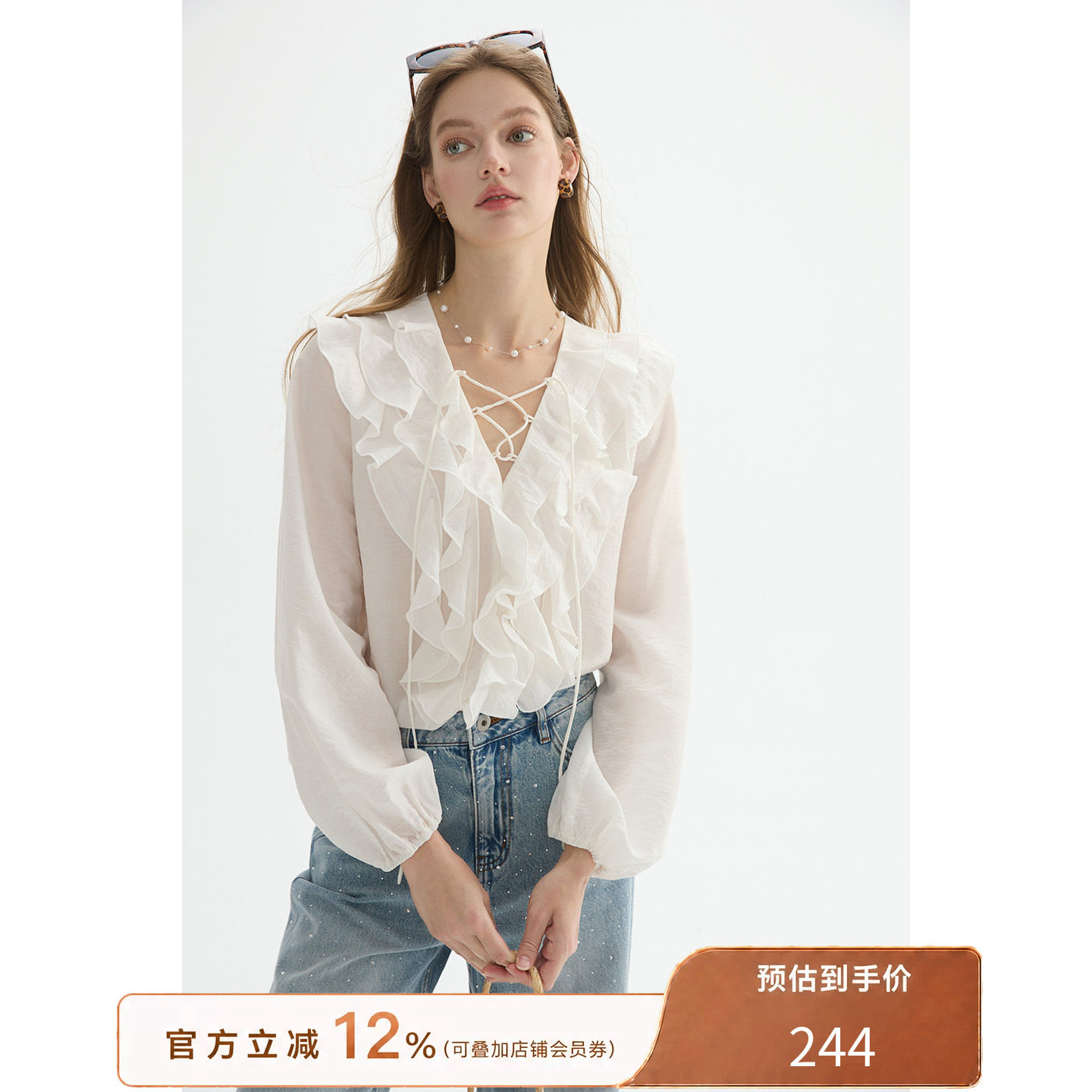 猫酱紫 荷叶边衬衫女夏季法式浪漫温柔上衣莱赛尔系带u领薄款小衫图片