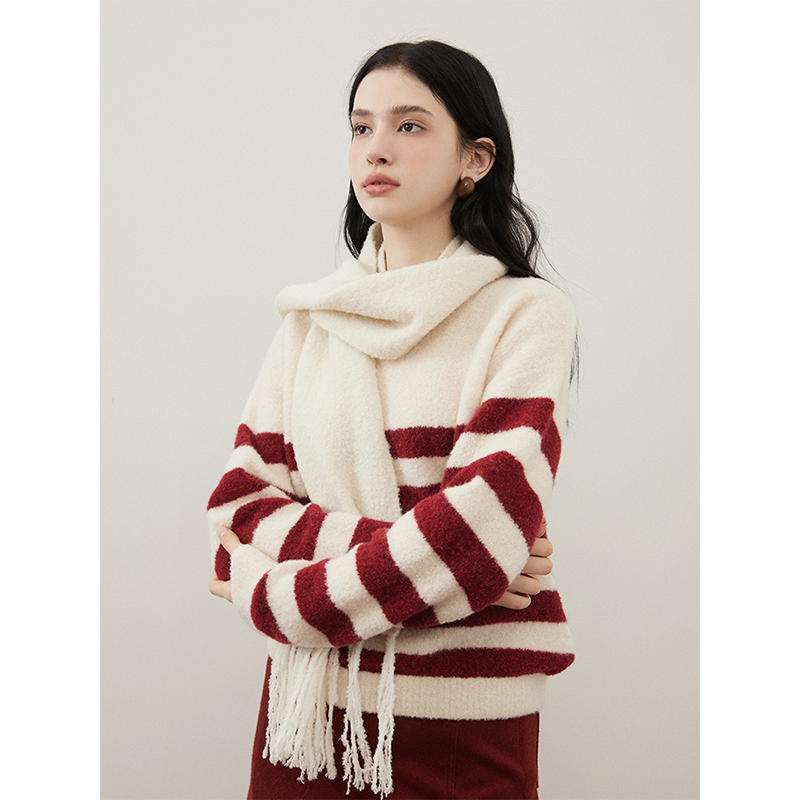 猫酱紫 条纹圈圈纱毛衣女慵懒感宽松围巾针织上衣