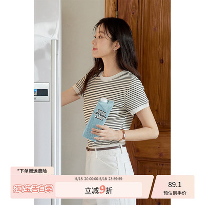 猫酱紫条纹圆领百搭T恤女2024夏季新款复古小个子正肩短袖上衣