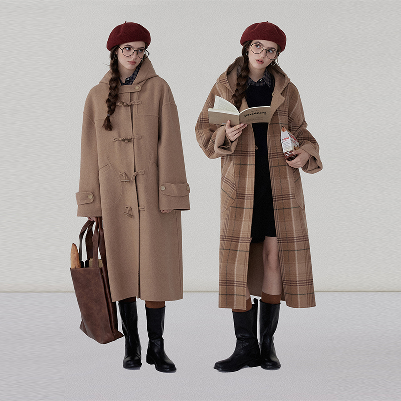 猫酱紫连帽两穿格纹中长款双面呢大衣女秋冬纯色呢子外套