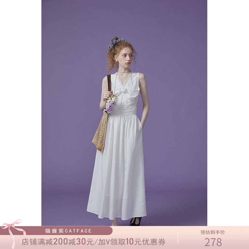 猫酱紫 莱赛尔亚麻玫瑰花连衣裙女蕾丝拼接V领无袖气质法式长裙