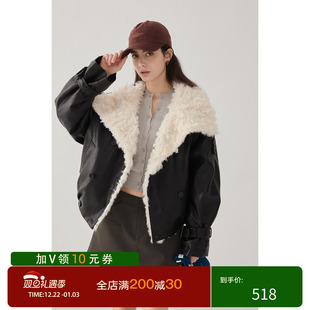 猫酱紫 外套女秋冬气质pu皮衣派克服 小羊羔毛毛大翻领机车风短款