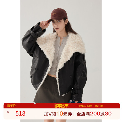 猫酱紫 小羊羔毛毛大翻领机车风短款外套女秋冬气质pu皮衣派克服