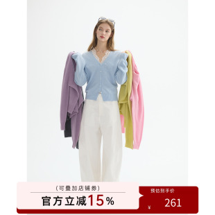 猫酱紫 绵羊毛针织开衫女V领叠穿蕾丝两件套气质通勤百搭毛衣