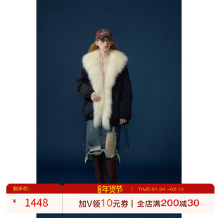 猫酱紫山羊绒鹅绒服女冬季高级感皮草工装抽绳派克服廓形羽绒服