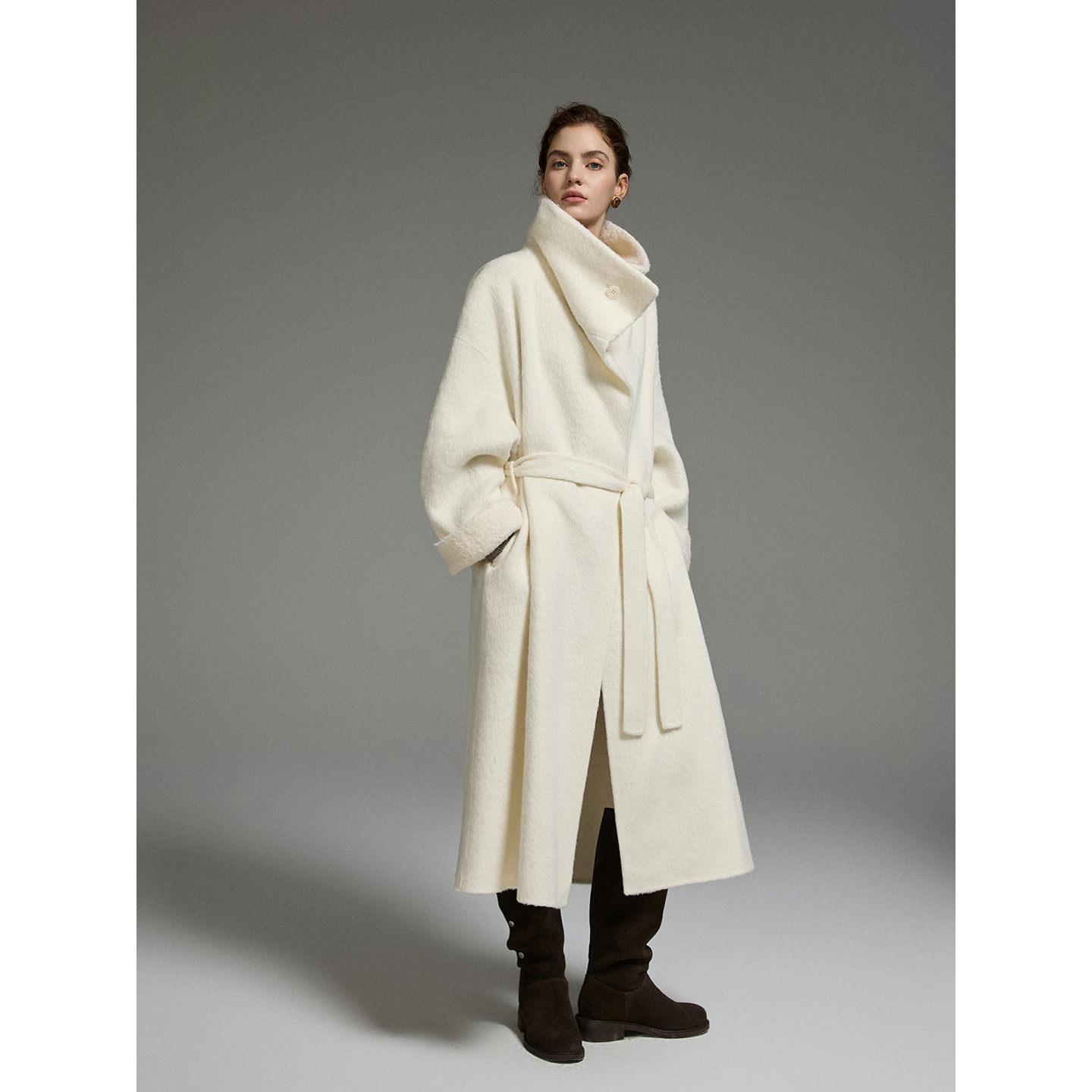 猫酱紫气质圈圈毛领毛呢大衣女秋冬高级感绵羊毛双面呢长款外套