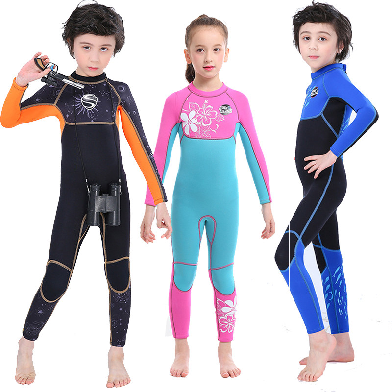 3mm儿童连体潜水服保暖冬泳衣防寒长袖学生男女孩儿童涉水wetsuit
