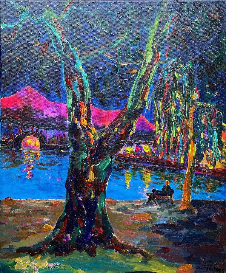 夜梦西湖,西湖夜景原创油画,手绘画油画特价,情侣礼品,装饰画定制