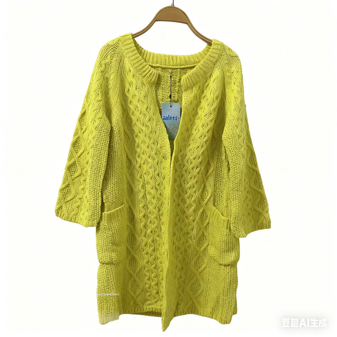 亮黄麻花毛衣开衫女秋冬新款破洞中长款宽松慵懒风遮屁股针织外套
