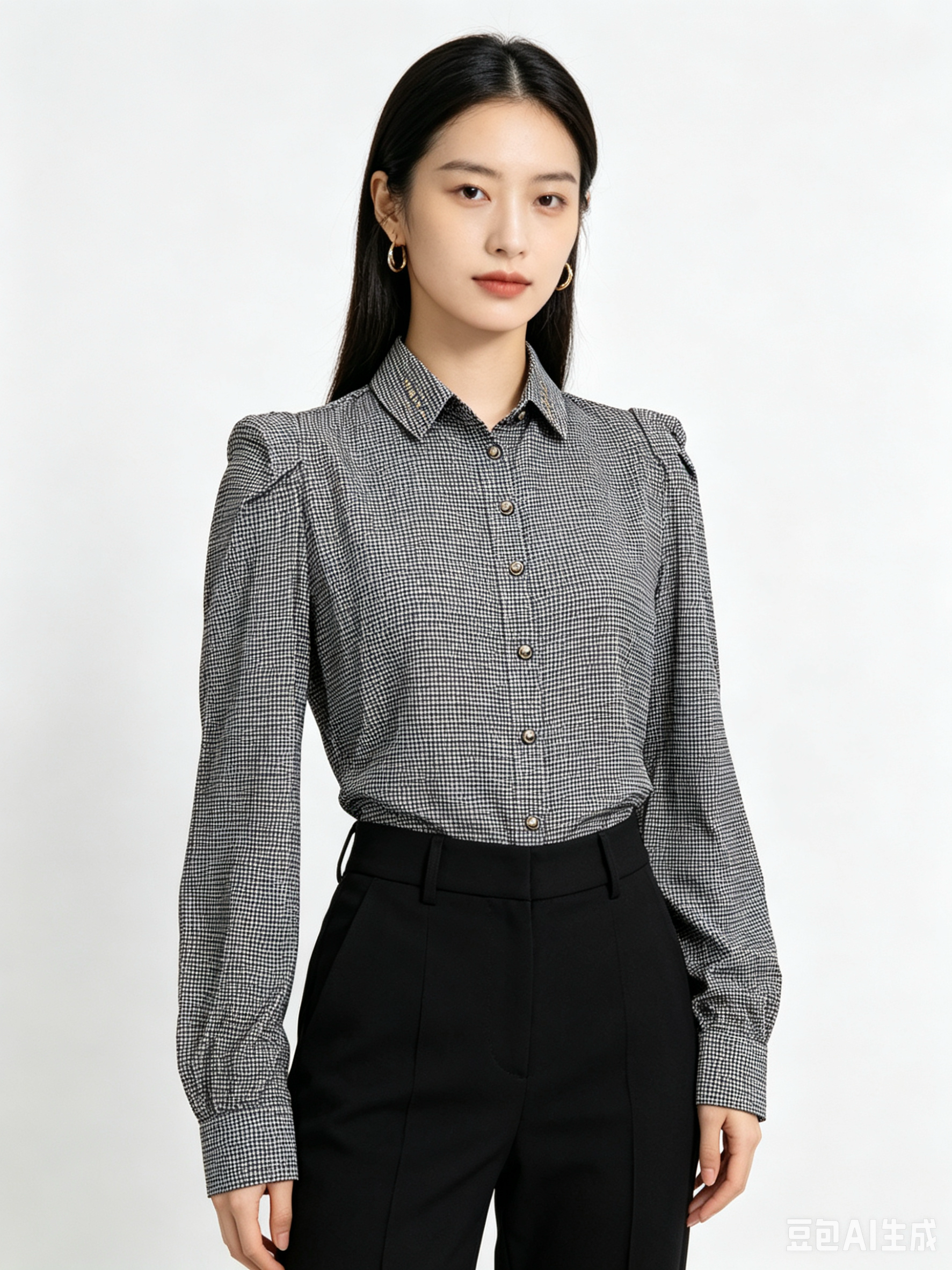 衣讯品牌撤柜千鸟格POLO领长袖衬衫女春秋季新款收腰修身短款衬衣