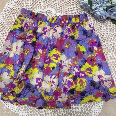 紫绿色彩绘油画碎花半身裙裤女夏2025新款松紧腰雪纺百搭花苞裙子