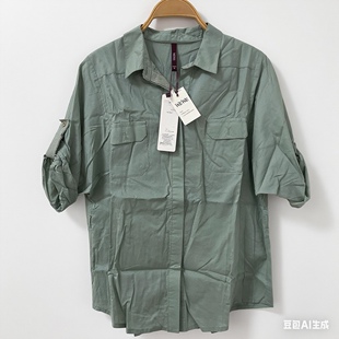 两穿袖 军绿色口袋休闲宽松短袖 衬衫 唯唯WEWE品牌专柜春秋女五分袖