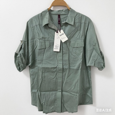 唯唯WEWE品牌专柜春秋女五分袖衬衫军绿色口袋休闲宽松短袖两穿袖