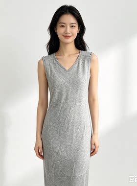 衣讯长款过膝无袖连衣裙女V领套头简约显瘦百搭打底背心裙吊带裙