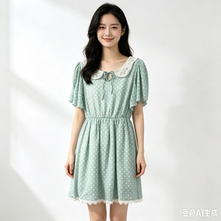 韩都150小矮个子波点雪纺连衣裙女夏季收腰显瘦气质娃娃领复古裙