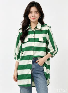 衣讯撤柜2026新款女装欧货学院风复古撞色条纹polo领中长款衬衫