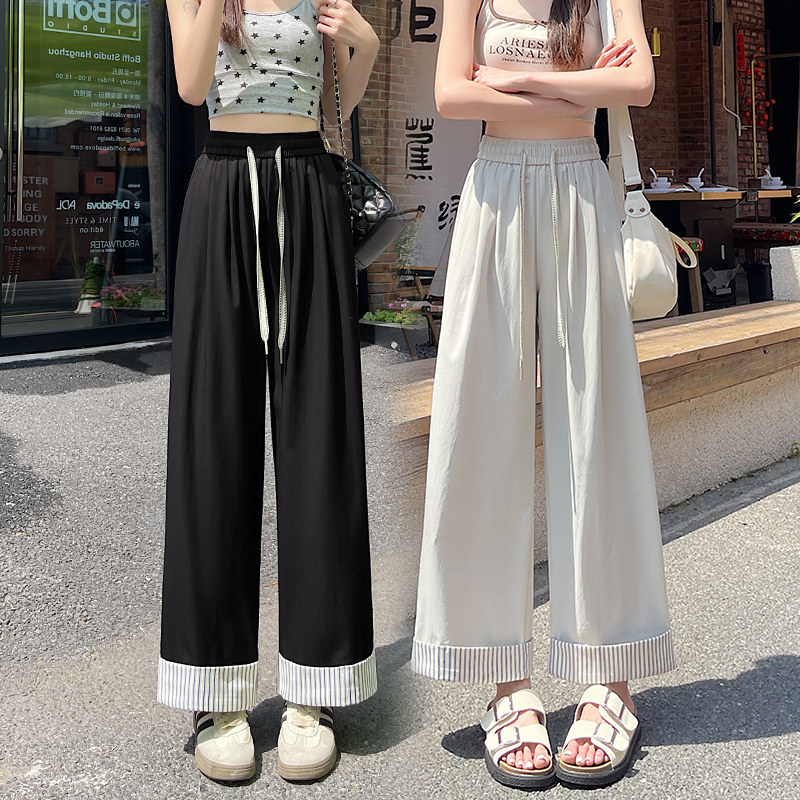 复古条纹拼接卷边阔腿裤女生夏季2025新款高腰显瘦百搭九分休闲裤