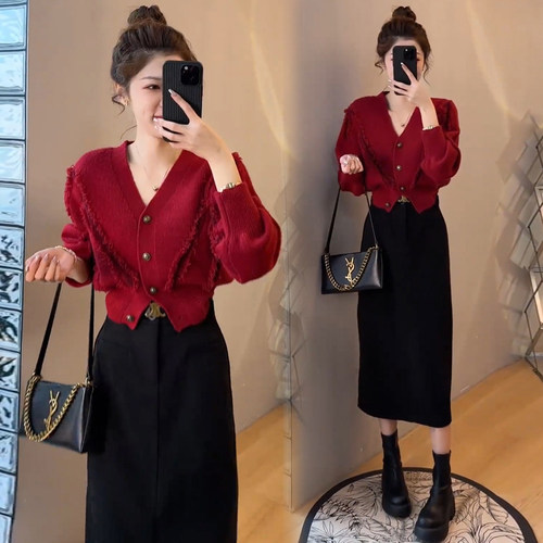 穿搭一整套小个子针织毛衣半身裙