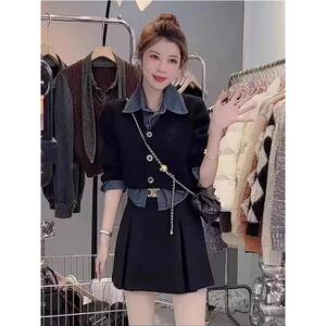 洋气设计感针织开衫外套女早秋季2024新款减龄假两件牛仔拼接上衣