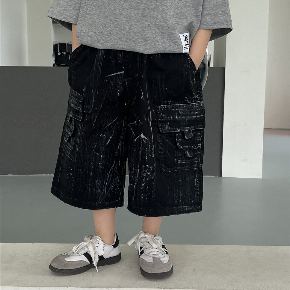 2025夏款儿童薄款纯棉晾感短裤 工装手工刷漆男女童洋气五分裤子