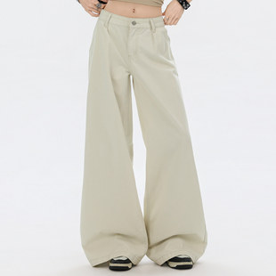 美式 女春夏新款 低腰打褶宽松显瘦休闲直筒裤 复古卡其色阔腿牛仔裤