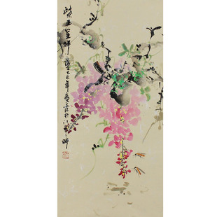 纯手绘国画紫藤花卧室玄关书房装饰画挂画未装裱字画小尺寸牡丹画