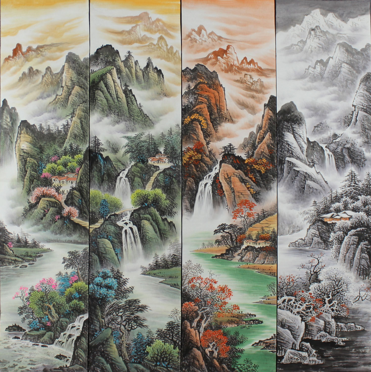 手绘国画山水画新中式厅室装饰四条屏春夏秋冬画 客厅办公室条幅