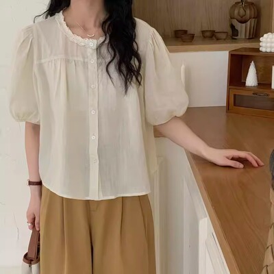 洋气薄款纯色蕾丝花边圆领衬衫女