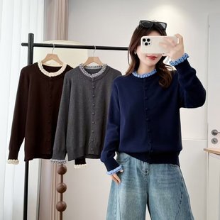 JIUHUAMU秋冬撞色圆领木耳边加厚毛衣100-200斤大码女装针织开衫