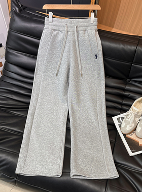 2025秋冬时尚加绒加厚抽绳卫裤女灰色高腰宽松直筒阔腿裤休闲裤