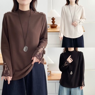 大码女装半高领长袖蕾丝拼接打底衫通勤洋气遮肚上衣