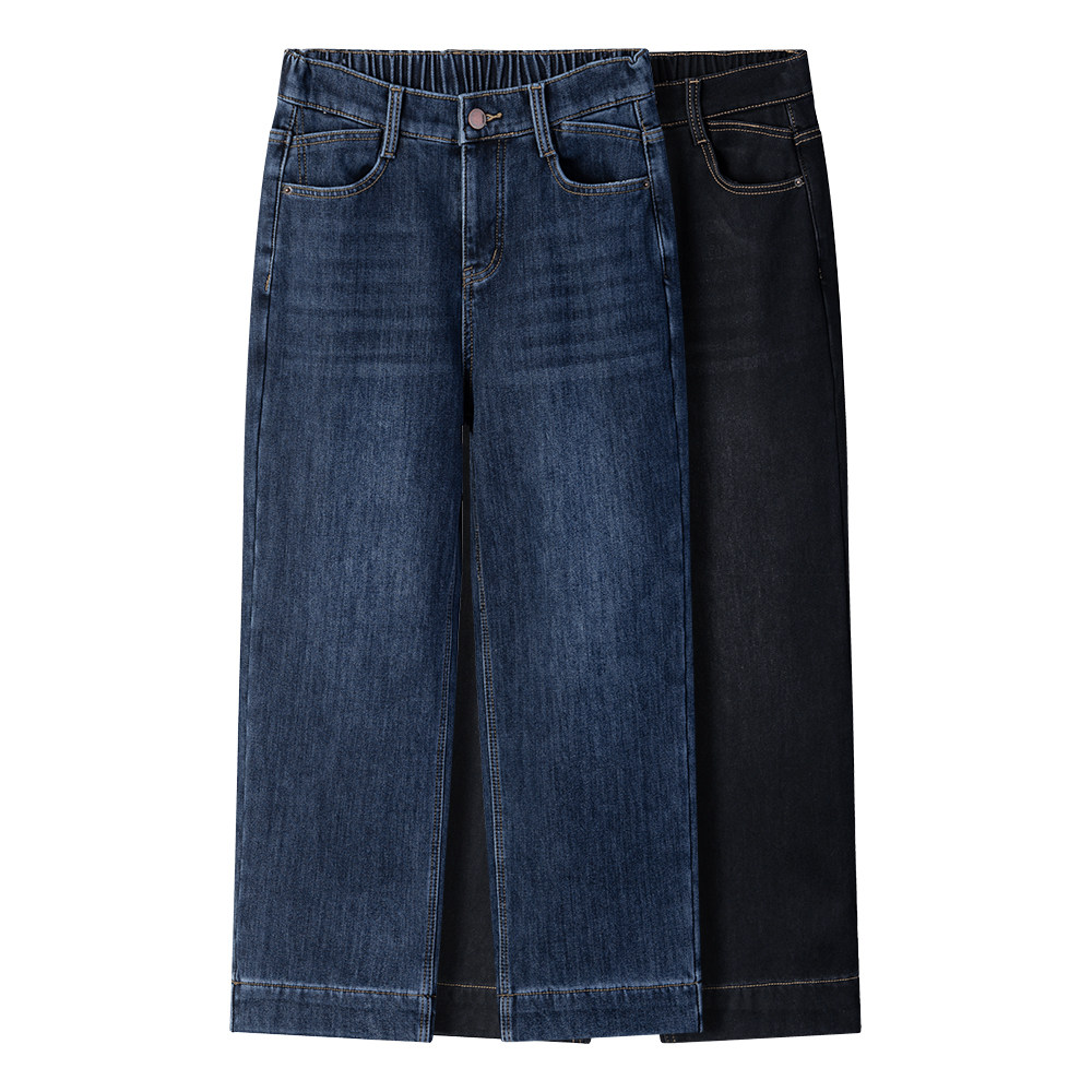 秋冬复古直筒牛仔裤女九分裤松紧腰加绒显瘦百搭大码女裤阔腿裤