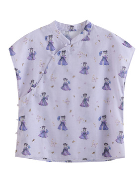 自留款推荐~2025夏季新中式紫色印花斜襟气质立领短袖小衫上衣女