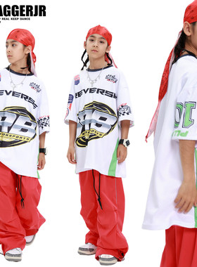 儿童街舞套装hiphop潮服拼色潮牌T恤演出服男童嘻哈爵士女走秀夏