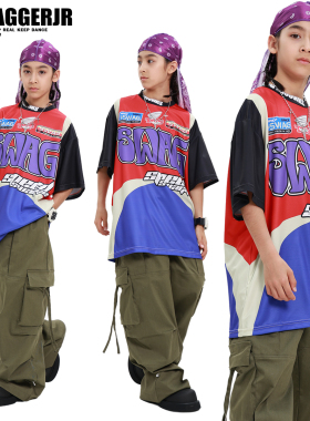 儿童街舞套装hiphop潮服白色潮牌T恤演出服男童嘻哈爵士女走秀夏