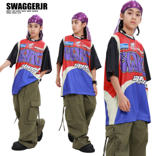 儿童街舞套装hiphop潮服白色潮牌T恤演出服男童嘻哈爵士女走秀夏