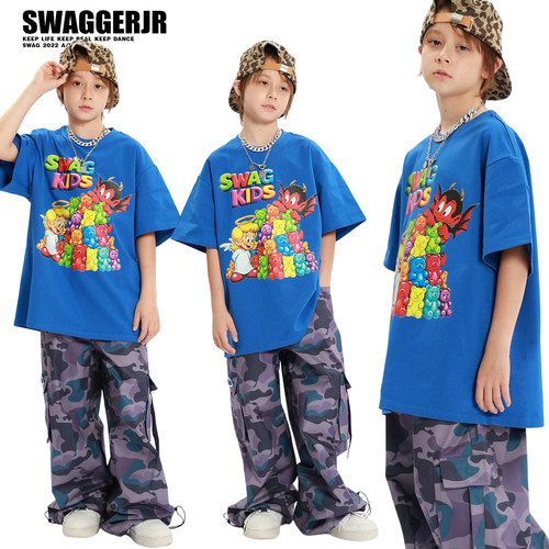 Swagger.JR街舞儿童潮服美式街头风字母印花T恤演出服宽松迷彩裤