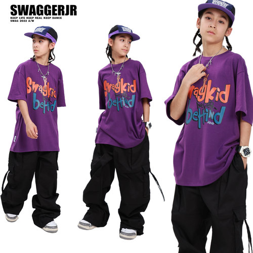 SWAG儿童街舞潮服嘻哈hiphop短袖裤子帅气男女童街舞套装演出服