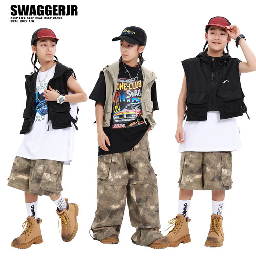 儿童嘻哈街舞套装男童潮服酷帅工装马甲少儿hiphop童装潮牌演出服