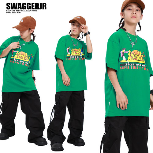 SWAG少儿街舞服装男童嘻哈帅气短袖裤子hiphop儿童街舞潮演出服夏